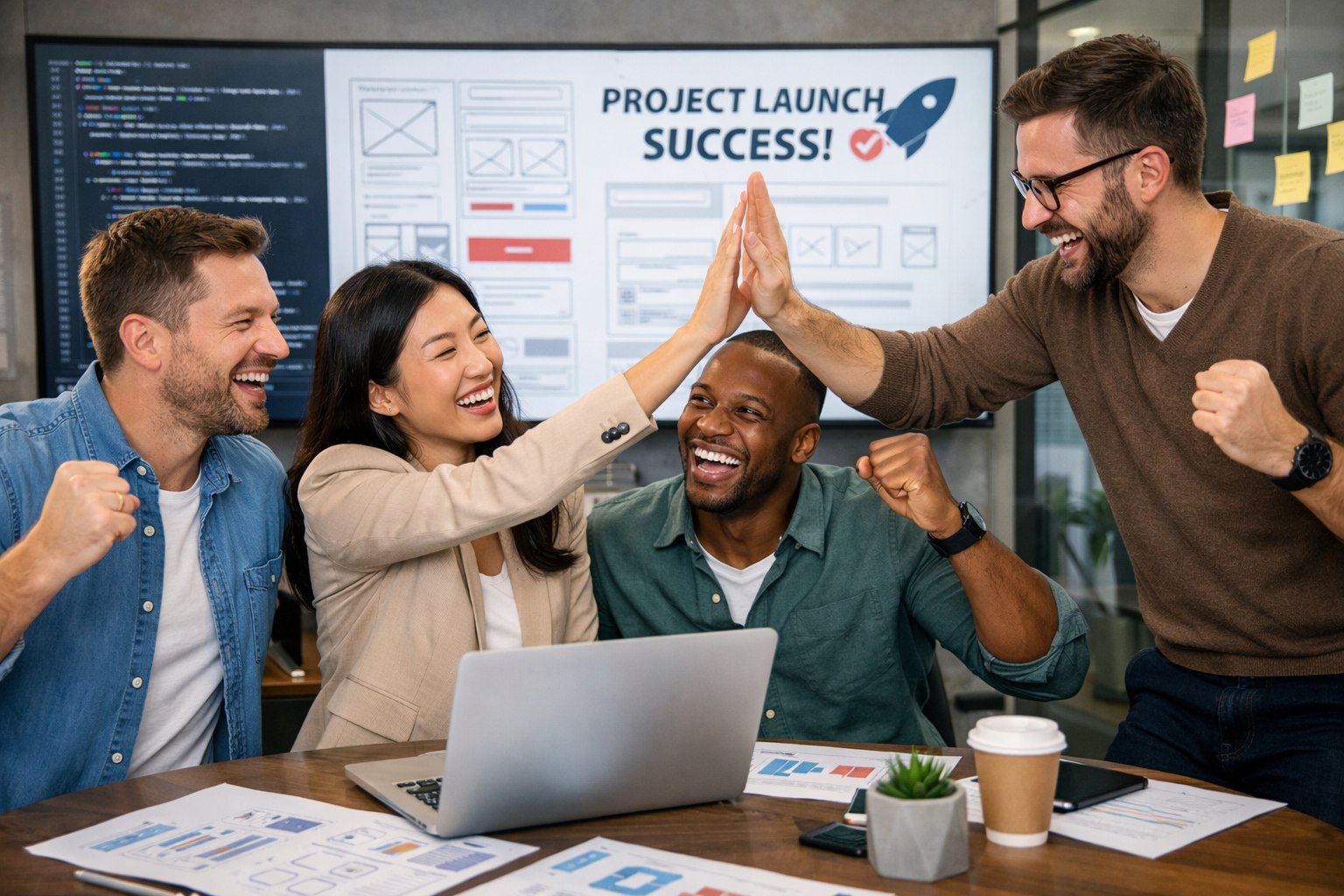 Smiling consulting team solving a client workflow problem together